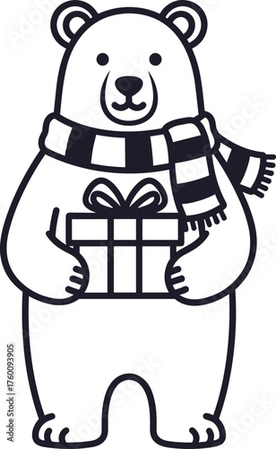 Charming cartoon polar bear wearing a scarf holding a wrapped gift box