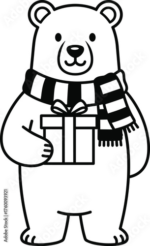 Charming cartoon polar bear wearing a striped scarf holding a gift box