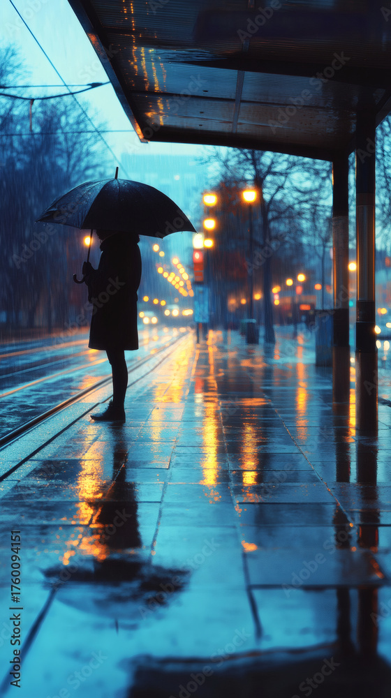 Obraz premium City tram stop silhouette with umbrella in light drizzle