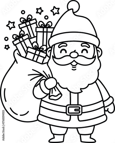 Charming cartoon santa claus carrying a large bag full of wrapped presents and stars