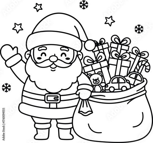 Charming cartoon santa claus waving happily beside a bag full of christmas presents and toys
