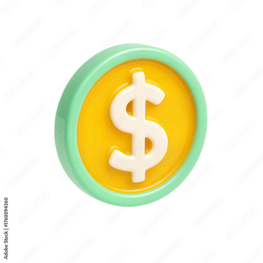 Obraz premium 3D coin with yellow center, mint green edge, and white dollar sign on transparent background. Modern, minimal design ideal for finance, currency, or digital money concepts