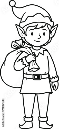 Charming elf carrying a large gift bag ready for christmas deliveries