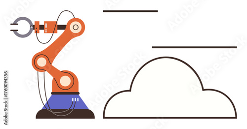 Robotic arm operating next to cloud shape, symbolizing industry automation, IoT, cloud computing, smart manufacturing, digital transformation, precision technology, and data sharing in a simple flat