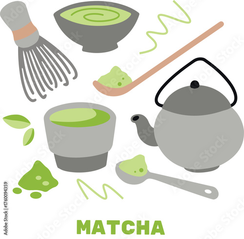 Matcha tea collection. Adorable green tea vector set for healthy drinks, dessert design and Japanese tea culture.