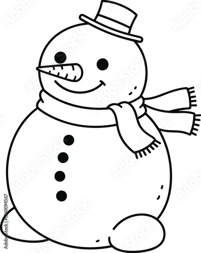 Charming hand drawn black and white snowman wearing a hat and scarf
