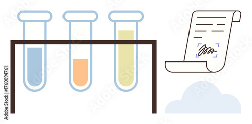 Three test tubes with colored liquids in a rack and signed document beside cloud. Ideal for science, research, chemistry, innovation, analysis, lab work, education. Simple flat metaphor