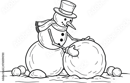 Charming hand drawn illustration of a snowman building another snowman in a winter scene