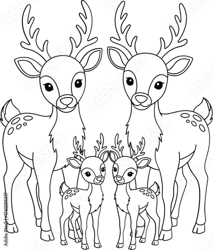 Charming outline drawing of a deer family with adult and young deer for coloring fun