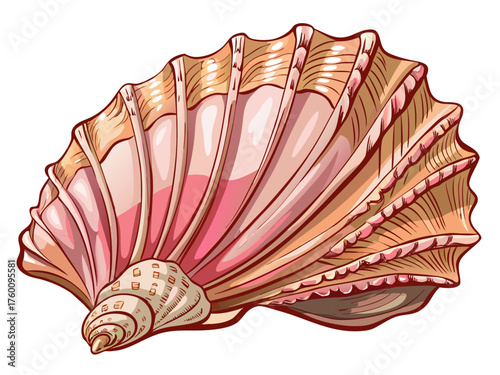 Realistic vector illustration of seashell with detailed ridges, natural beige and pink tones, isolated on white background, beach marine art