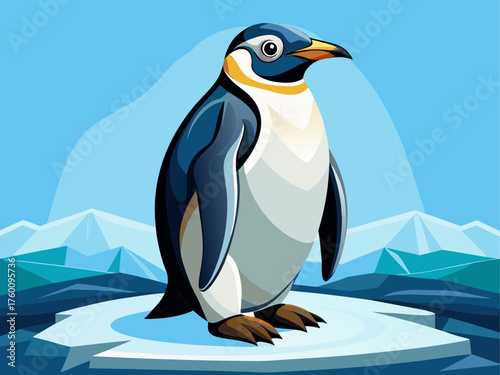 Realistic vector illustration of penguin standing upright, black and white feathers, isolated on icy blue background, arctic wildlife art