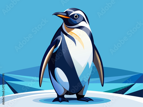 Realistic vector illustration of penguin standing upright, black and white feathers, isolated on icy blue background, arctic wildlife art