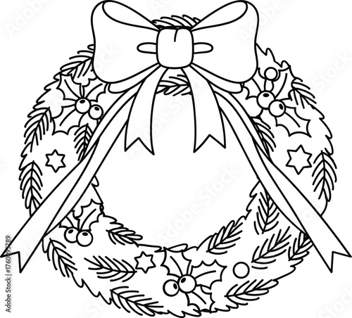 Classic christmas wreath with holly berries and a festive bow coloring page