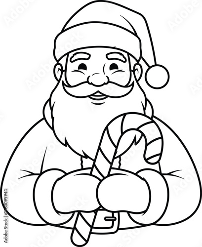Classic line art illustration of santa claus holding a festive candy cane