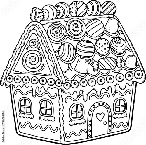 Detailed outline of a whimsical gingerbread house adorned with festive candies and sweets