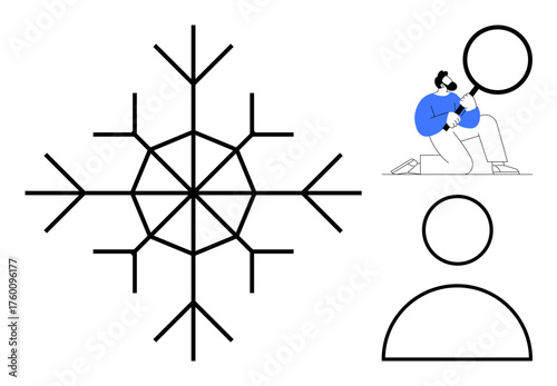 Snowflake structure with individual analyzing it through magnifying glass, next to a simplified user profile. Ideal for uniqueness, analysis, identity, precision, research, individuality