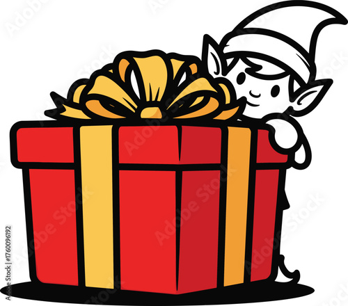 Cute christmas elf peeking over a large red gift box tied with a yellow ribbon