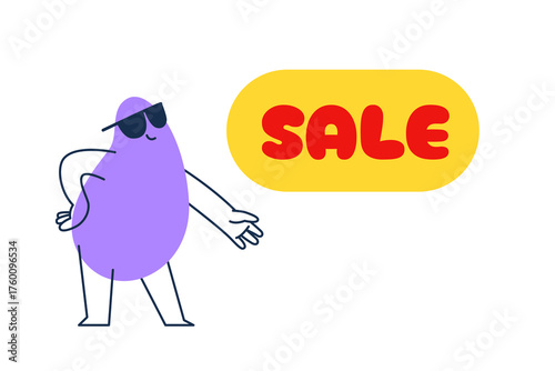 Abstract character. Geometric comic creature emotion. Funny shape in sunglasses points to Sale. Vector illustration