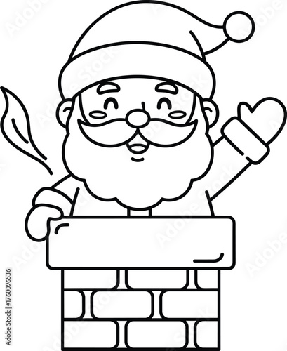 Friendly santa claus peeking over a brick chimney holding a quill pen