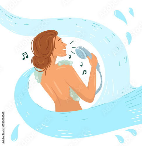 A girl sings in the shower, splashed with water. Water splash, drop and cartoon wave flow background.