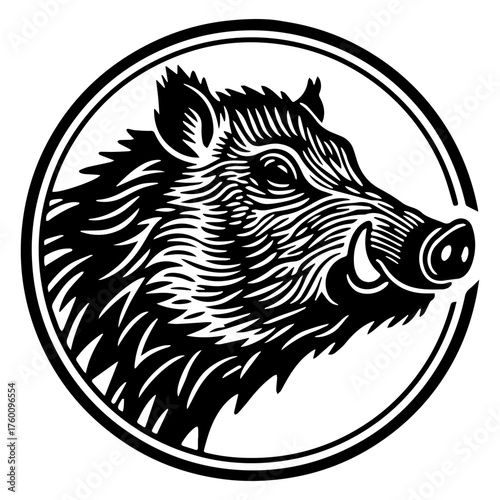 Black and white illustration of a round boar's head logo. Vector graphics. EPS.