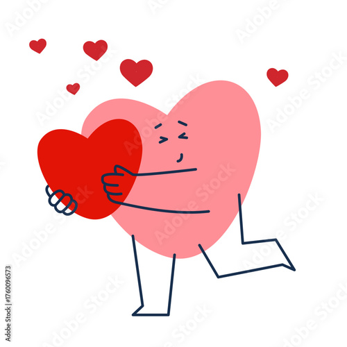 Cute geometric heart character holds gift. Valentine day. Suitable for educational, cards, poster for preschool, etc