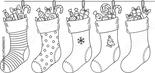 Five festive christmas stockings filled with presents ready for holiday cheer and anticipation