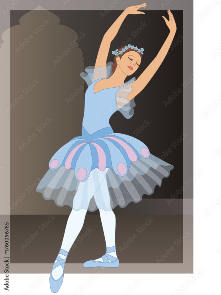 Fototapeta premium dance ballet, classical ballerina performing the croise devant position including a twilit abstract background of grey