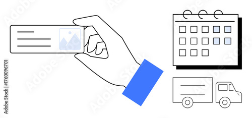 Hand holding ID card with photo, calendar with marked dates, and delivery truck. Ideal for scheduling, logistics planning, identity verification, business organization, supply chain, appointments