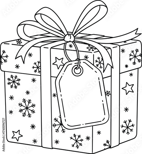 Hand drawn black and white illustration of a festive gift box with snowflakes and a blank tag