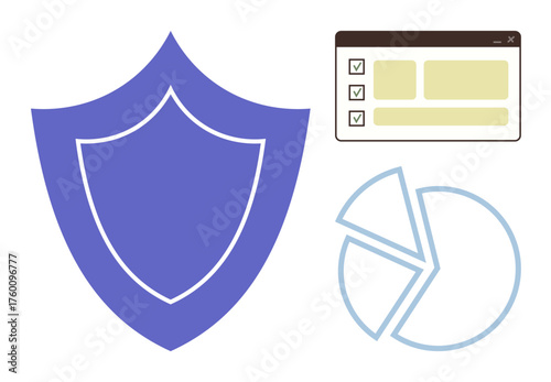 Blue shield with white outline, pie chart and checklist window symbolize security, analysis, protection, and organization. Ideal for cybersecurity, statistics, strategy, planning and data safety
