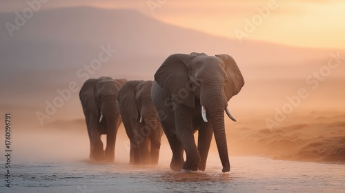 A herd of elephants marches through a shallow river, bathed in golden dusk light and swirling mist.