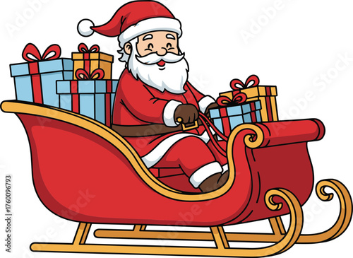 Jolly santa claus in a sleigh filled with presents ready for christmas deliveries