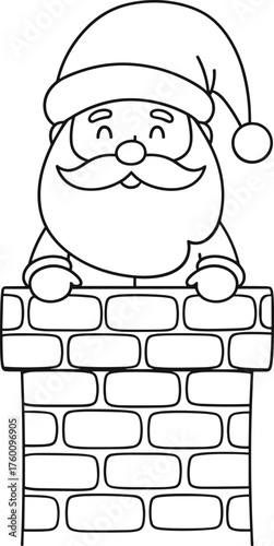 Joyful santa claus peeking over a brick chimney ready for christmas eve deliveries