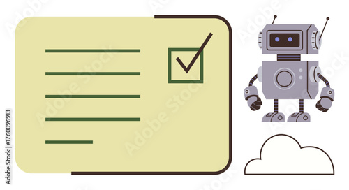 Robot next to a checklist and a cloud. Ideal for efficiency, task management, innovation, AI, cloud computing, automation, workflow. A simple flat metaphor
