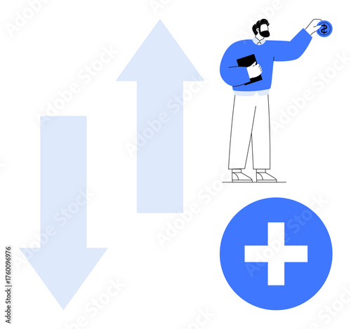 Professional holding a tablet, adding currency to increase value with upward and downward arrows. Ideal for finance, business growth, investment, profit optimization, strategy, economics, simple flat