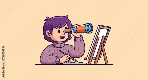 Young artist with a telescope drawing on an easel cartoon illustration.