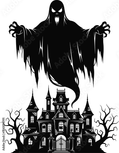 Menacing silhouette ghost looms over spooky haunted mansion on a dark night