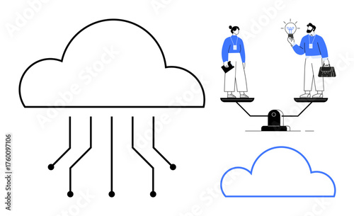 Cloud infrastructure interconnected with lines, two professionals balancing on a scale sharing ideas. Ideal for teamwork, networking, innovation, cloud-storage, business, technology, remote workflow