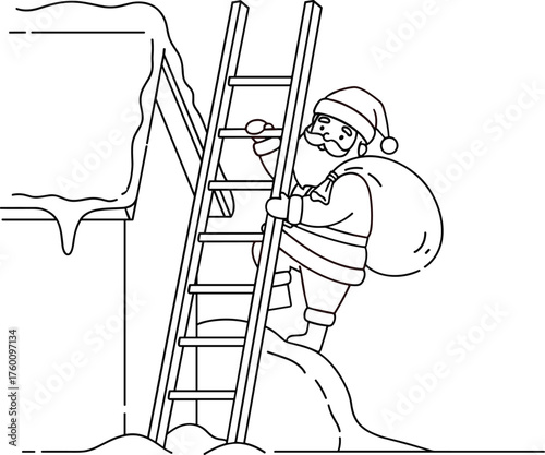 Santa claus climbing a ladder to a snowy rooftop with a sack of presents