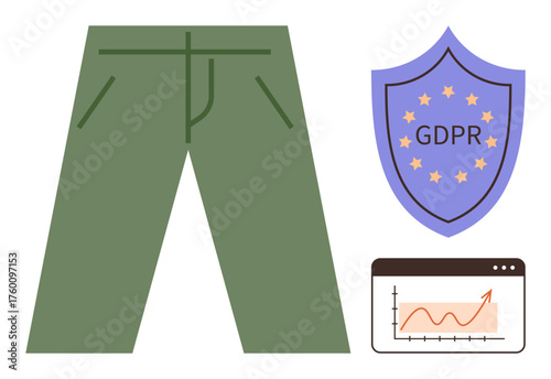 Green pants paired with a GDPR shield and a line graph on a browser window. Ideal for data security, compliance, garment industry, privacy regulations, analytics, EU rules, simple flat metaphor