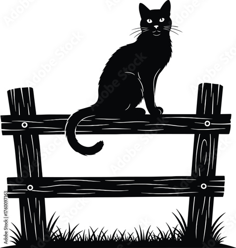 Silhouette of a black cat perched regally atop a rustic wooden fence at night
