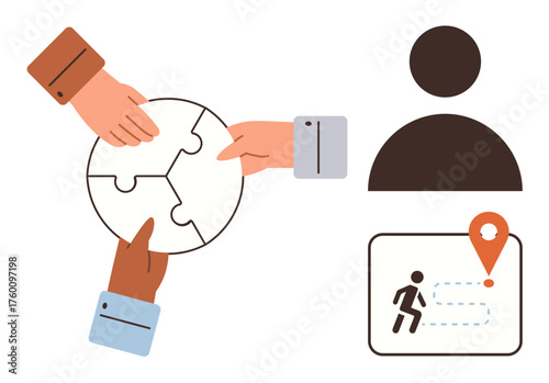 Hands assembling puzzle circle, user icon, and map with location marker for teamwork, personal identity, navigation, problem-solving, connection, leadership and collaboration. Ideal for simple flat