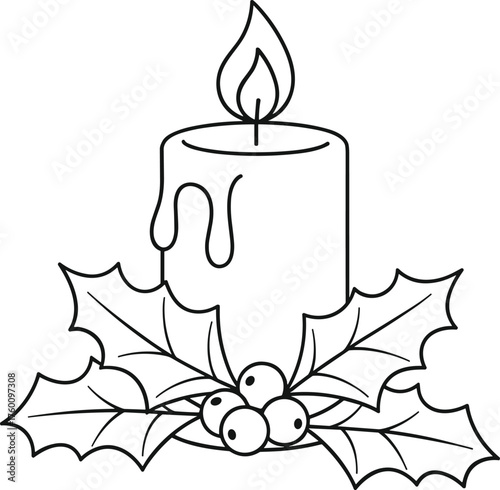 Simple line art christmas candle surrounded by holly leaves and berries