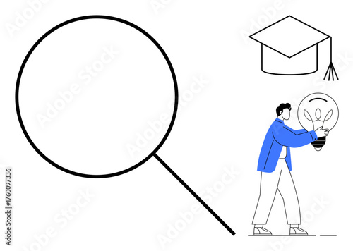 Magnifying glass, graduation cap, person holding lightbulb symbolizing learning, innovation, research, discovery. Ideal for education, creativity study goals exploration problem-solving. Simple