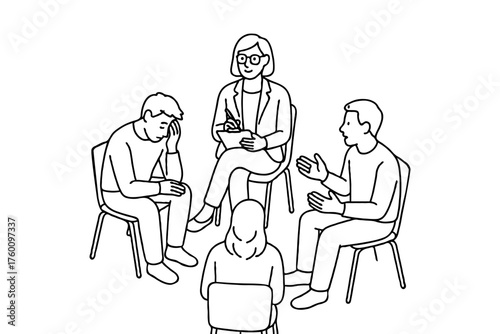 Group of people sitting in a circle with therapist, hand-drawn line art style, on white background. Concept of mental health support