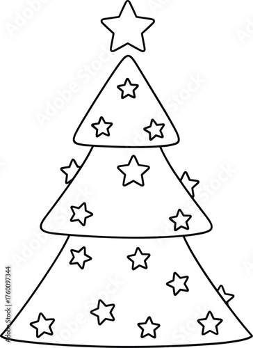 Simple outline drawing of a festive christmas tree decorated with stars