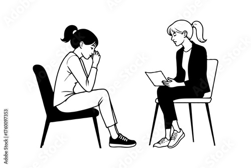 A worried woman talks to a professional female therapist holding a clipboard, black and white sketch style, on a plain white background, concept of mental health support