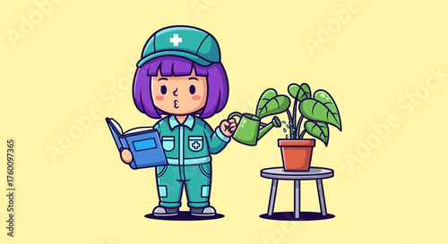 Cartoon Gardener Girl Reading Book While Watering Plant on Stool.