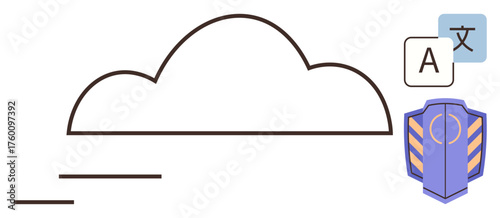 Simplistic cloud icon with a translation symbol and shield representing data security, global communication, and multilingual support. Ideal for technology, language solutions, data privacy, cloud